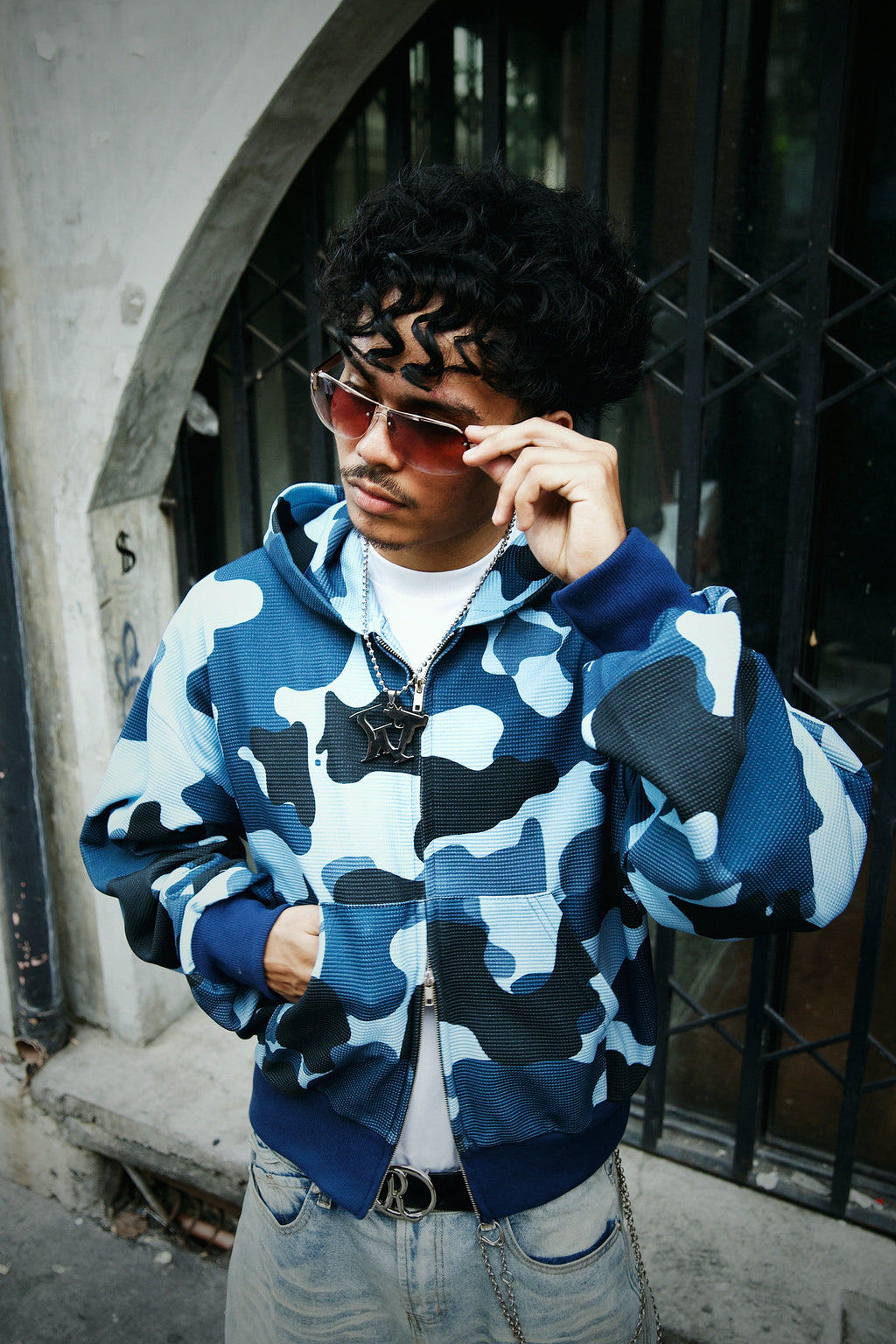 Blue Waffle Camo Double Zip Hoodie