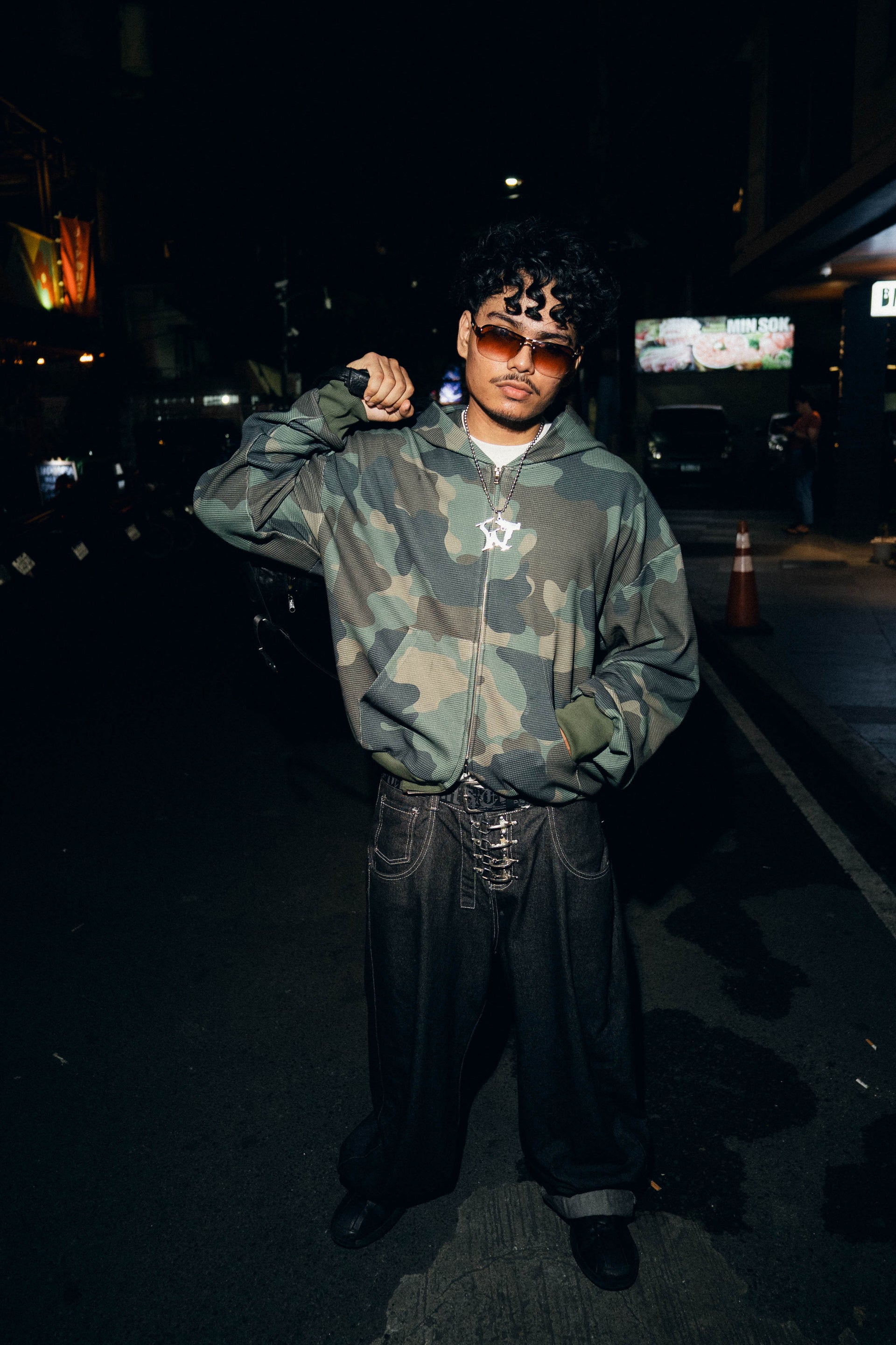 Green Waffle Camo Double Zip Hoodie