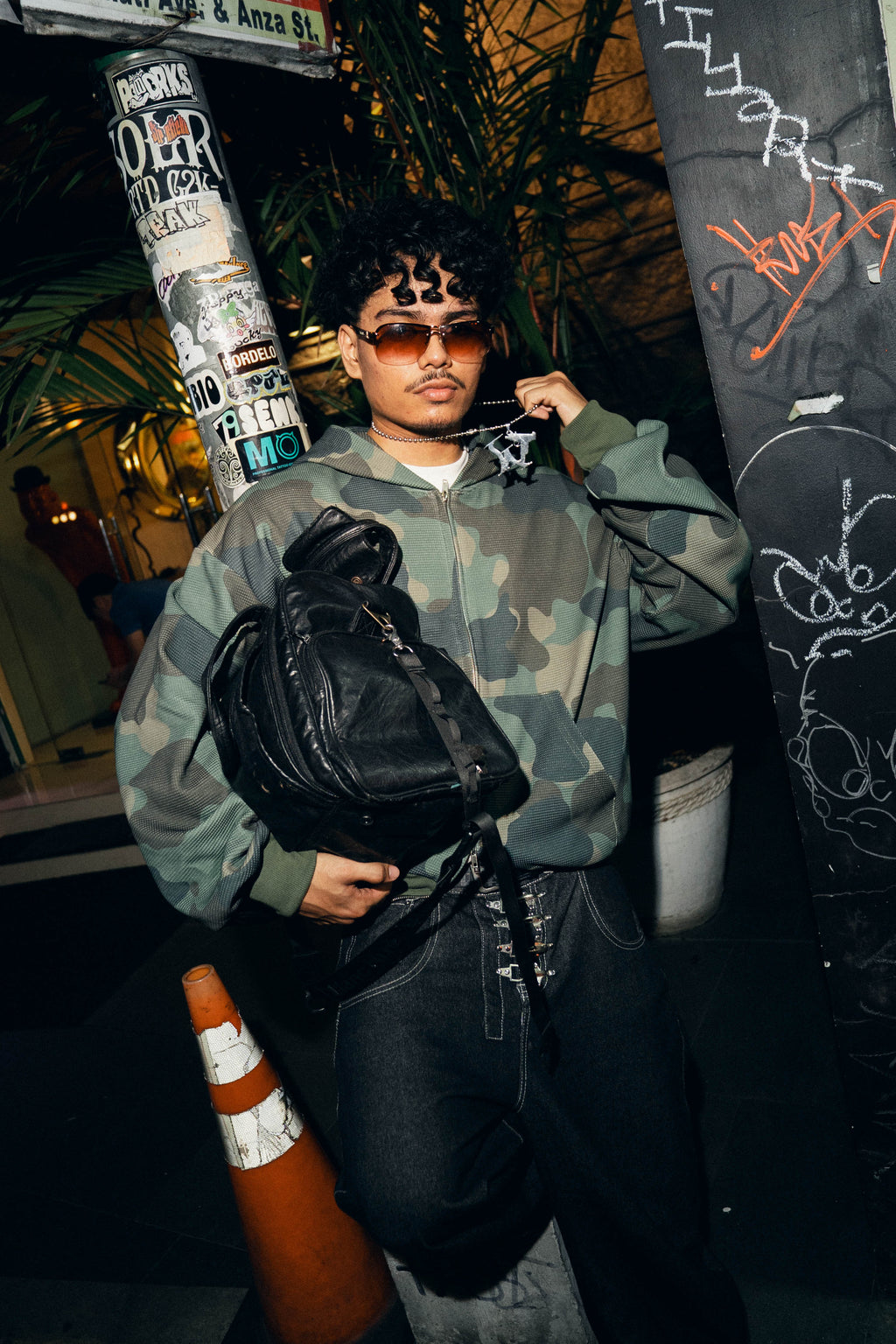 Green Waffle Camo Double Zip Hoodie