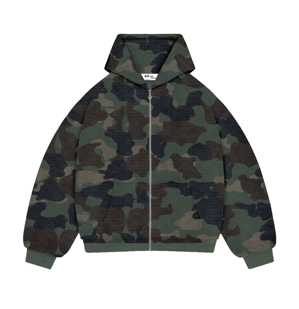 Green Waffle Camo Double Zip Hoodie
