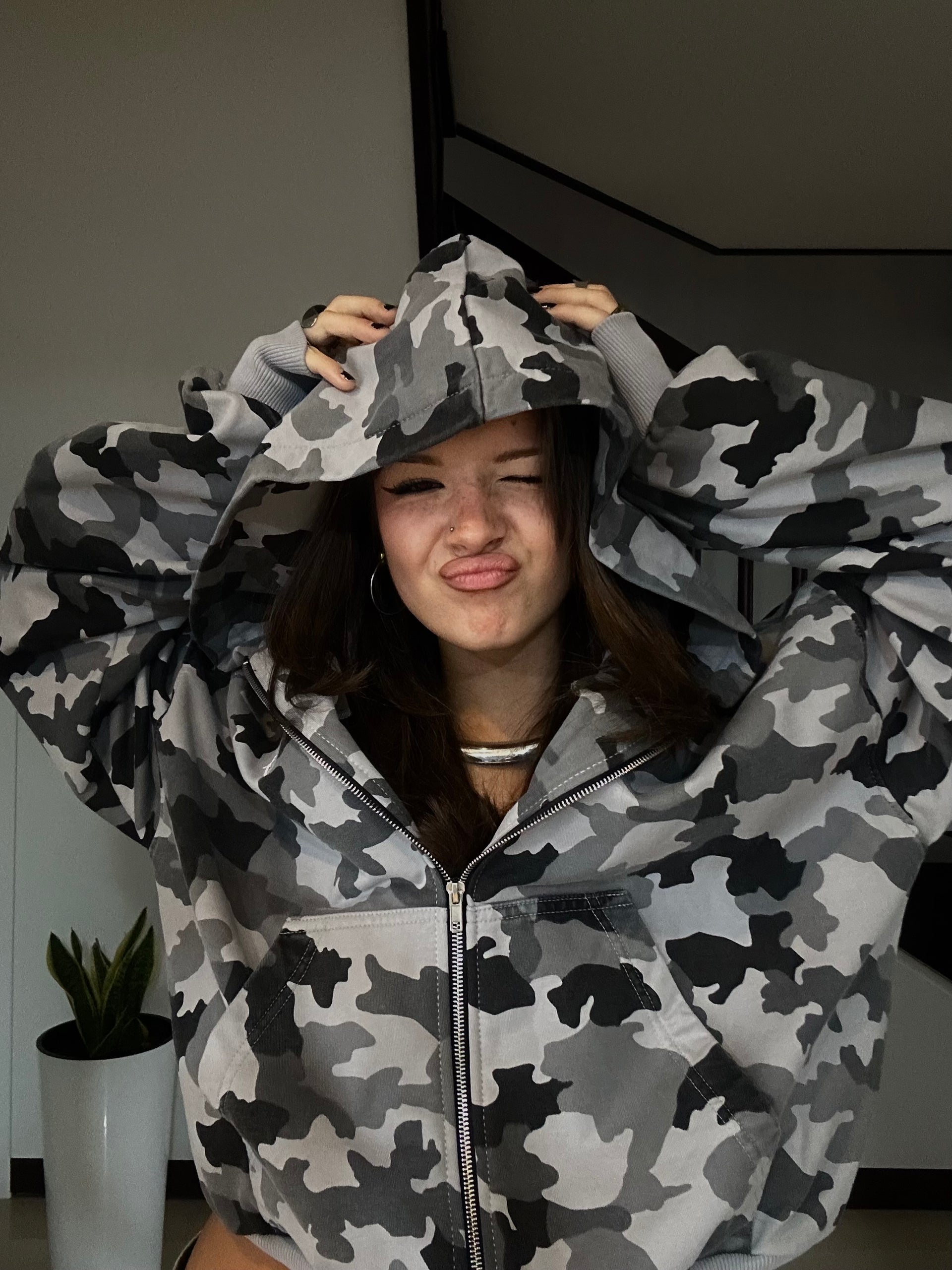 Grey Camo Double Zip Hoodie